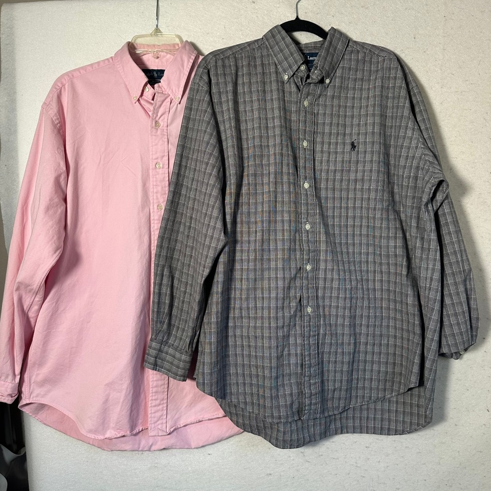 Lot of 2 Ralph Lauren Blake Shirts Mens Large Pink Solid Grey Plaid Cotton L/S